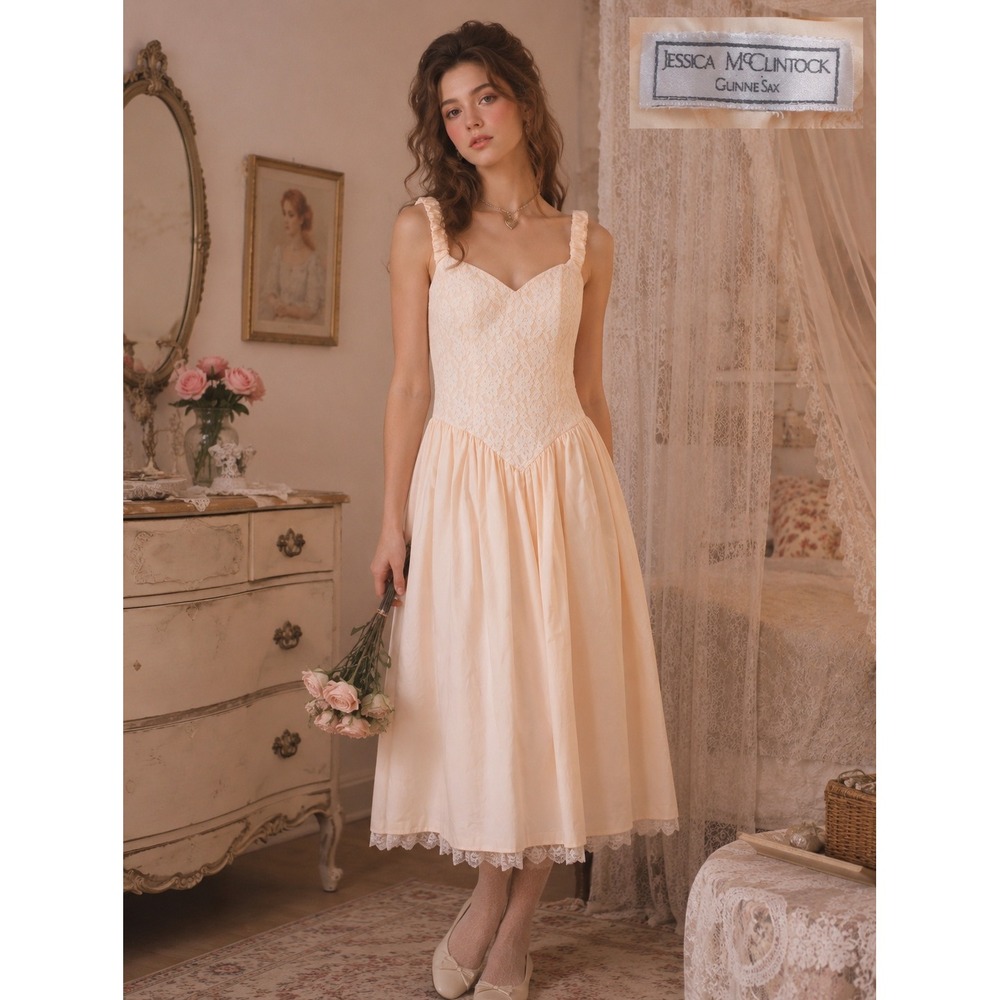 Jessica McClintock Gunne Sax Vintage Peach Lace Midi Dress Romantic Cottagecore
